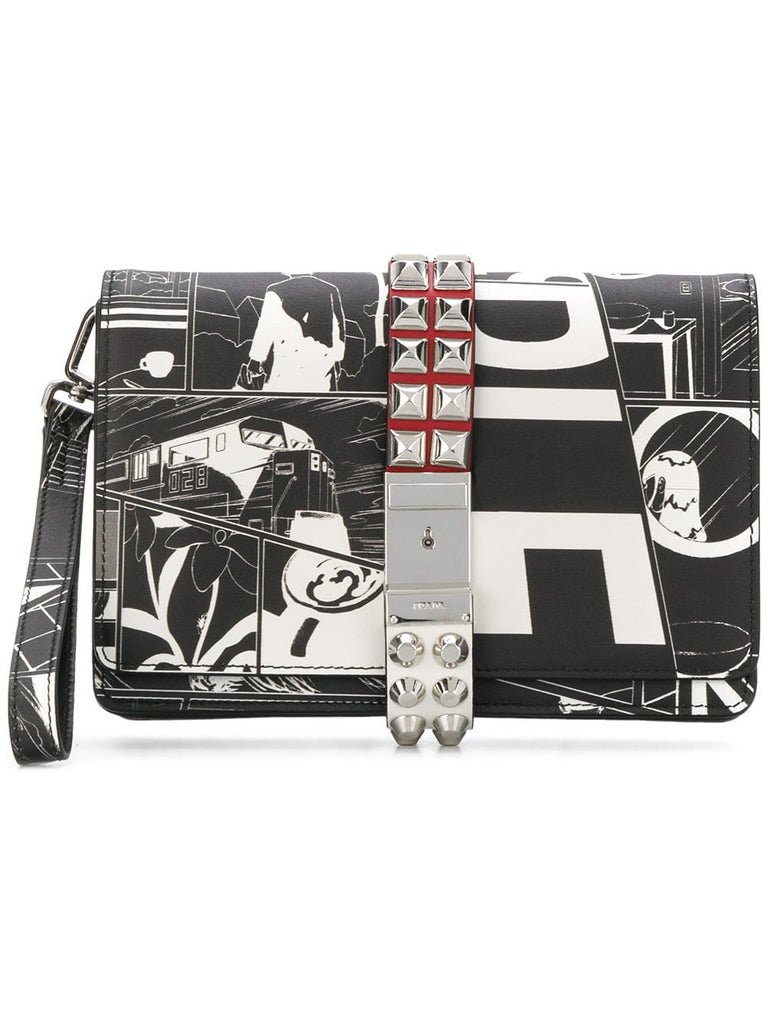 comic-print wristlet clutch bag