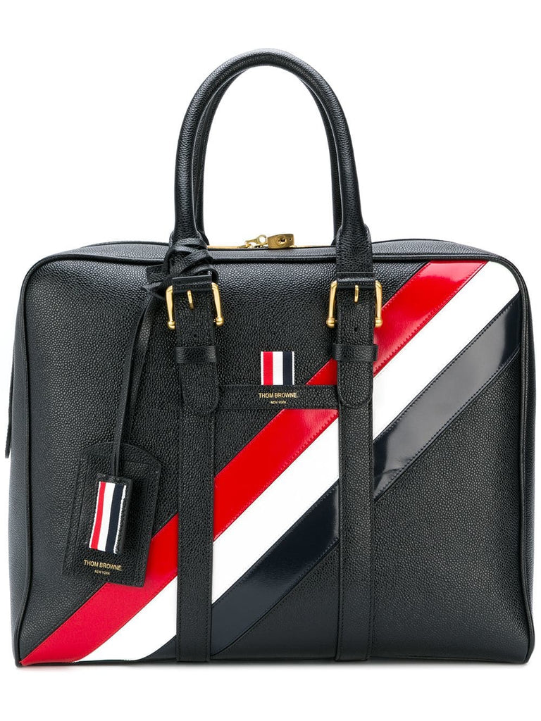 Small Holdall With Red, White And Blue Diagonal Stripe In Pebble Grain & Calf Leather