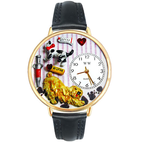 Whimsical Watches Personalized Veterinarian Womens Gold-Tone Bezel Black Leather Strap Watch