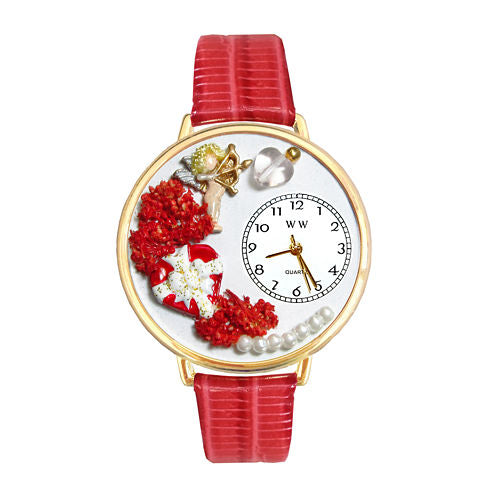 Whimsical Watches Personalized Valentine’s Day Womens Gold-Tone Bezel Red Leather Strap Watch