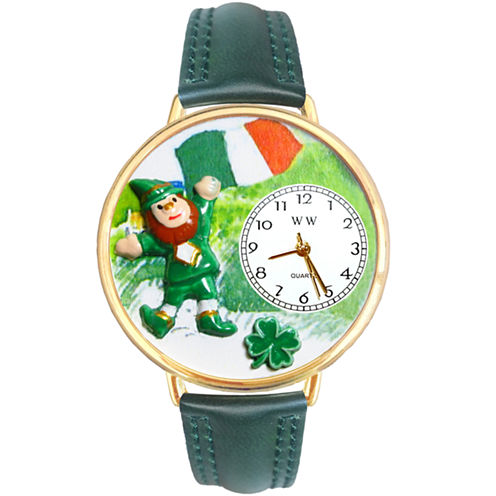 Whimsical Watches Personalized St. Patrick’s Day Womens Gold-Tone Bezel Green Leather Strap Watch