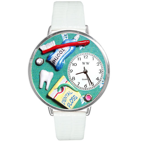 Whimsical Watches Personalized Dental Assistant Womens Silver–Tone Bezel White Leather Strap Watch