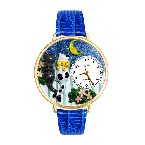 Whimsical Watches Personalized Cat Night Out Womens Gold-Tone Bezel Blue Leather Strap Watch