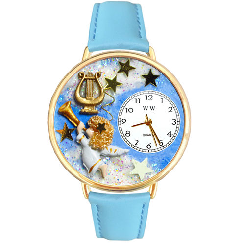 Whimsical Watches Personalized Angel Womens Gold–Tone Bezel Light Blue Leather Strap Watch