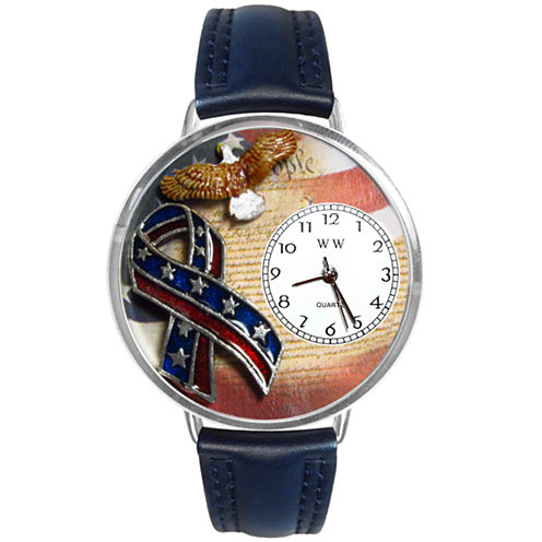 Whimsical Watches Personalized America Patriotic Womens Silver-Tone Bezel Blue Leather Strap Watch