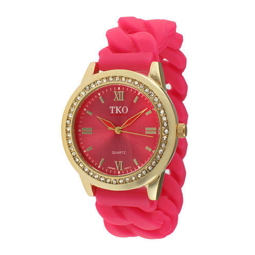 TKO ORLOGI Womens Crystal-Accent Chain-Link Pink Silicone Strap Stretch Watch