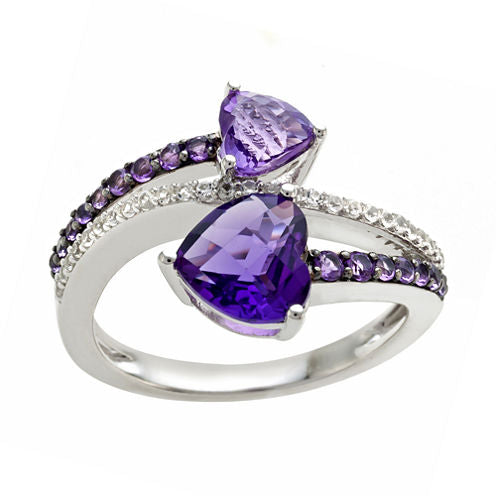 Sterling Silver Genuine Amethyst & Lab Created White Sapphire Shades Double Heart Ring