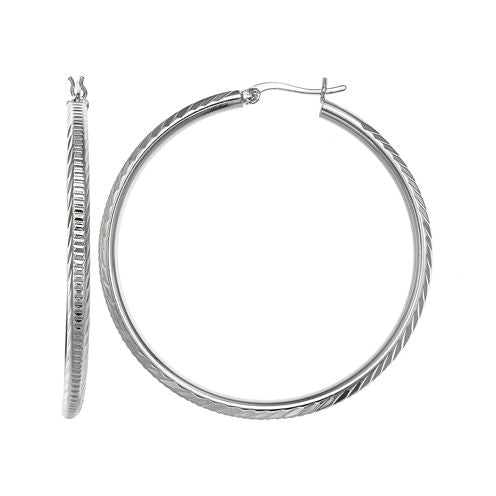 Sterling Silver Diamond-Cut Textured 50mm Hoop Earrings