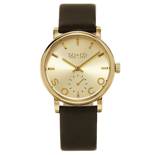 SO & CO NY Womens Madison Leather Casual Gold-Tone Dial With Seconds Subdial Quartz Watch J158P69