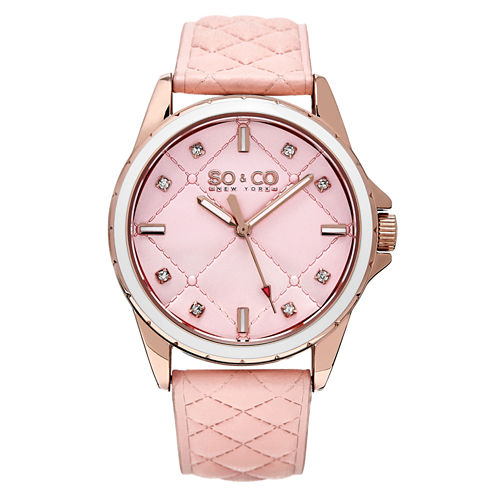 SO & CO Ny Women's Quilted Design Soho Peach Quilted Genuine Leather Strap And Peach Quilted Dial Casual Quartz Watch J159P06