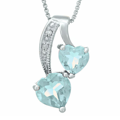 Simulated Aquamarine and Diamond-Accent Sterling Silver Double-Heart Pendant Necklace