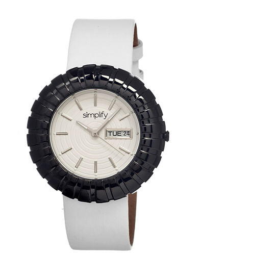 Simplify Womens The 2100 Black With White Dial Leather-Band Watch With Day&Date Sim2107