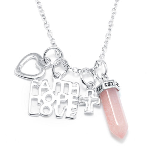 Silver Reflections™ Rose Quartz Silver-Plated Love, Heart & Cross Pendant Necklace