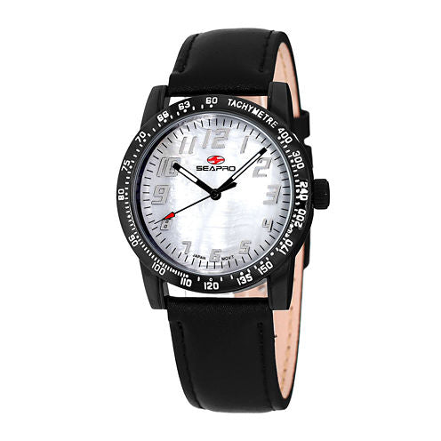 Seapro Womens Bold White Faux Pearl Dial Black Leather Strap Watch