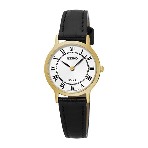 Seiko® Womens Gold-Tone Black Leather Solar Watch SUP304