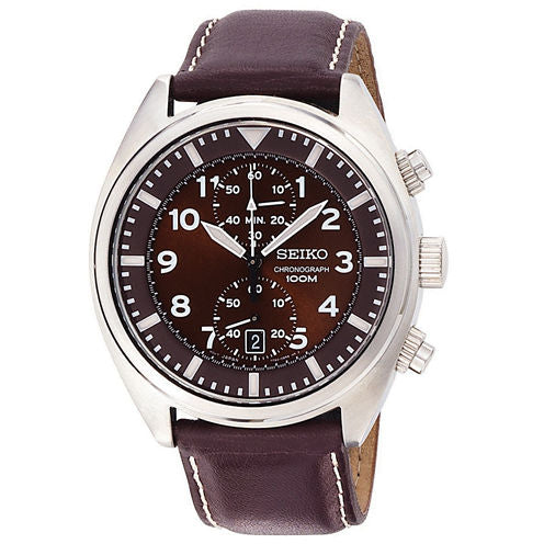 Seiko® Mens Brown Leather Strap Chronograph Watch SNN241