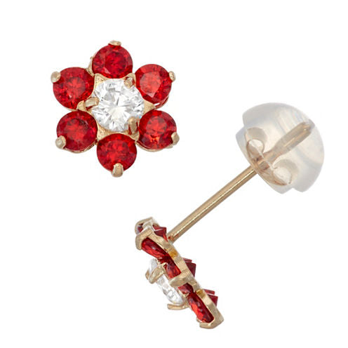 Red Cubic Zirconia 10K Gold 7.5mm Flower Stud Earrings