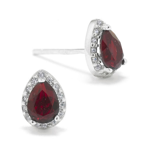 Red Crystal Teardrop Halo Sterling Silver Stud Earrings