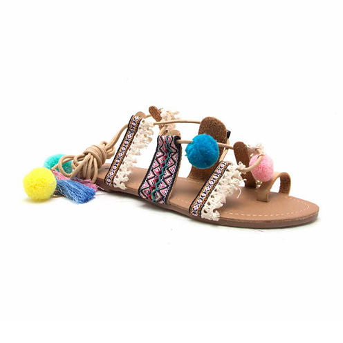 Qupid Pom Pom Lace Up Sandal