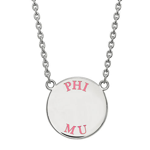 Phi Mu Enamel Sterling Silver Disc Pendant Necklace