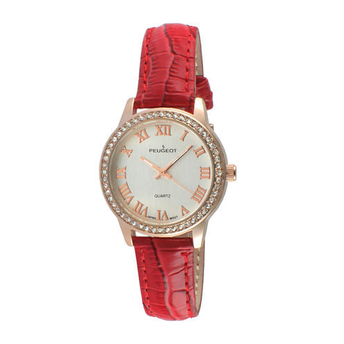 Peugeot® Womens Rose Gold Tone And Red Textured Leather Strap Watch 3049RD