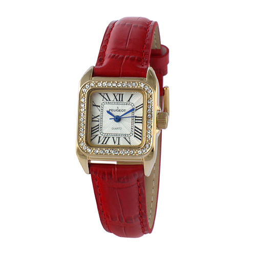 Peugeot® Womens Gold Tone And Red Leather Strap Watch 3052RD