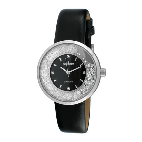 Peugeot® Womens Diamond-Accent Black Leather Strap Watch 3041SBK