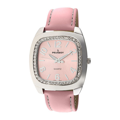 Peugeot® Womens Crystal-Accent Pink Leather Strap Boyfriend Watch