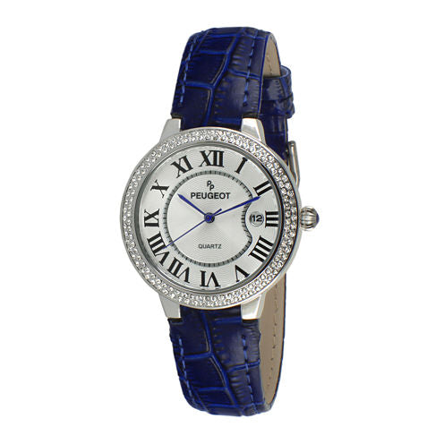 Peugeot® Womens Crystal-Accent Blue Leather Strap Watch 3043SBL