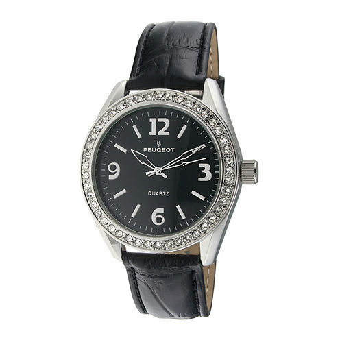 Peugeot® Womens Crystal-Accent Black Leather Strap Watch