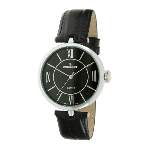 Peugeot® Womens Black Leather Strap T-Bar Watch