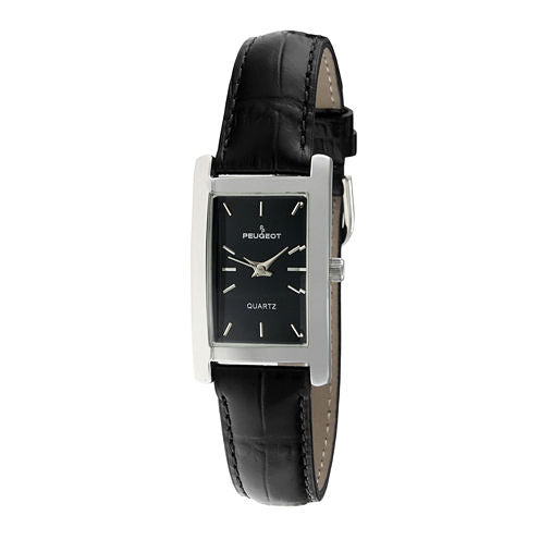 Peugeot® Women's Silver Tone Black Leather Strap Watch