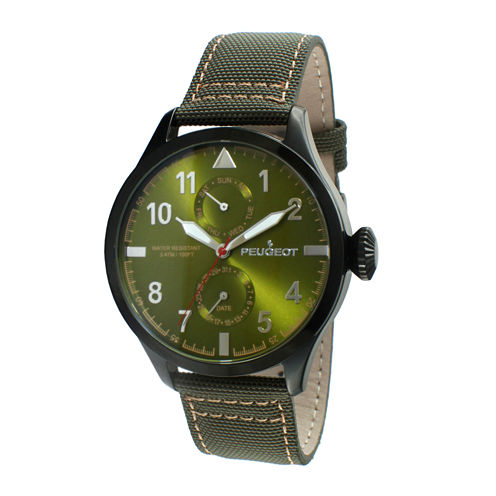 Peugeot® Mens Green Strap Aviator Watch 2044BGR