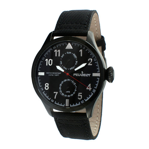 Peugeot® Mens Black Strap Aviator Watch 2044BK