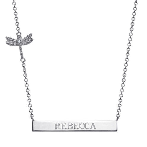 Personalized Sterling Silver Diamond-Accent Dragonfly Name Bar Necklace