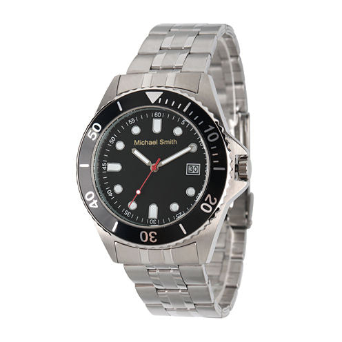 Personalized Mens Silver Tone Black Dial Diver Bracelet Watch