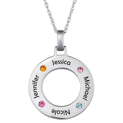 Personalized Family Name and Birthstone Sterling Silver Circle Pendant Necklace