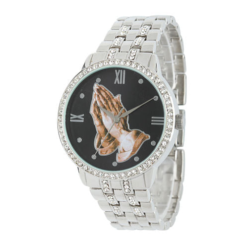 Personalized Crystal-Accent Silver-Tone Praying Hands Watch