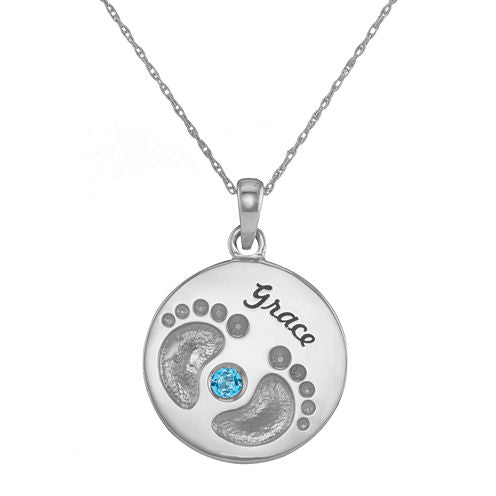 Personalized 14K White Gold Name and Birthstone Footprints Pendant Necklace