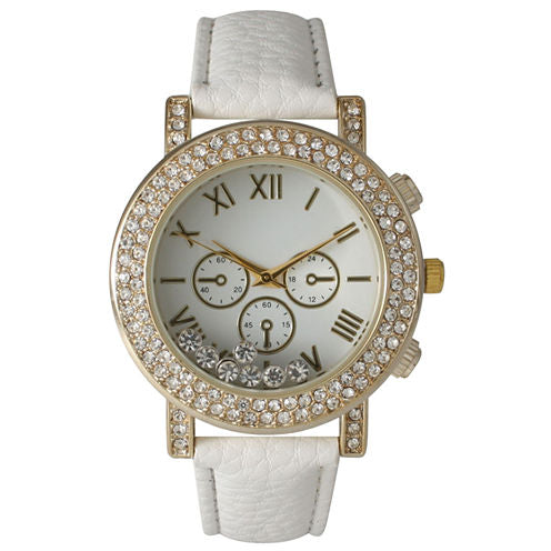 Olivia Pratt Womens White Crystal Accent Leather Strap Watch 14798