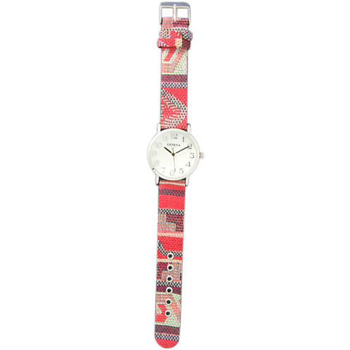 Olivia Pratt Womens Silver-Tone Faux Mop Dial Red Patterned Fabric Strap Watch 10352Tr