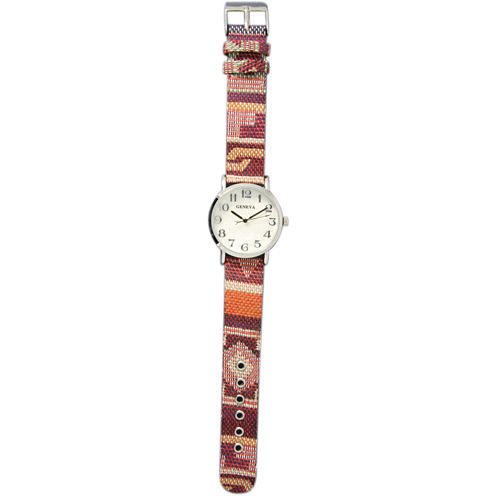 Olivia Pratt Womens Silver-Tone Faux Mop Dial Orange-Maroon Patterned Fabric Strap Watch 10352Tr