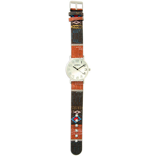 Olivia Pratt Womens Silver-Tone Faux Mop Dial Orange-Brown Patterned Fabric Strap Watch 10352Tr