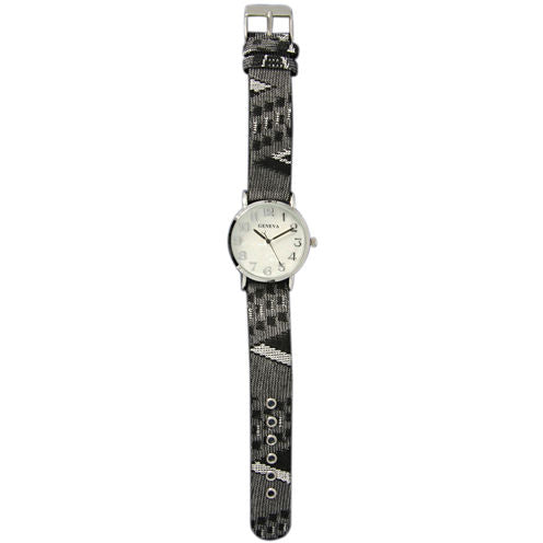 Olivia Pratt Womens Silver-Tone Faux Mop Dial Grey-Black Patterned Fabric Strap Watch 10352Tr