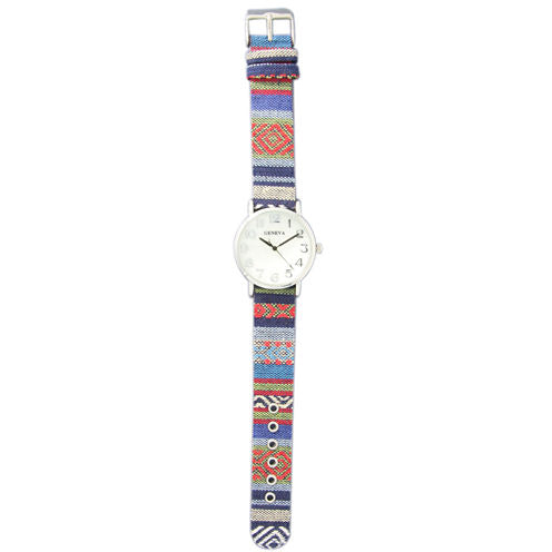 Olivia Pratt Womens Silver-Tone Faux Mop Dial Blue-Red Patterned Fabric Strap Watch 10352Tr