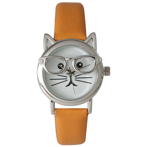 Olivia Pratt Womens Silver-Tone Ears And Glasses White Cat Face Print Dial Orange Faux Leather Strap Watch 15097