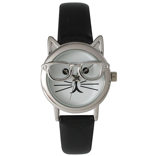 Olivia Pratt Womens Silver-Tone Ears And Glasses White Cat Face Print Dial Black Faux Leather Strap Watch 15097