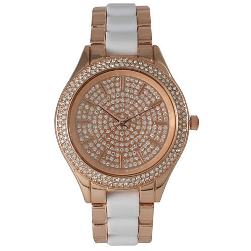 Olivia Pratt Womens Rhinestone Bezel Rhinestone Dial Rose Whitetwo Tone Bracelet Watch 15295