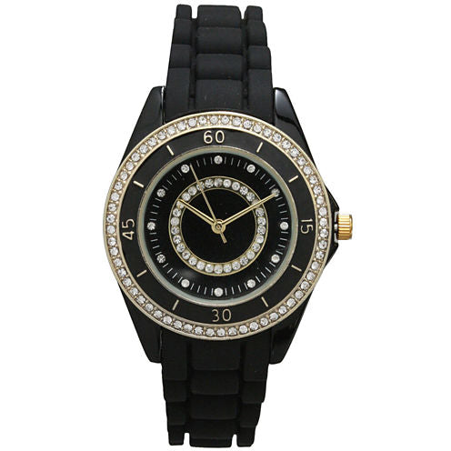 Olivia Pratt Womens Rhinestone Bezel Rhinestone Dial Black Silicone Watch 40036Black