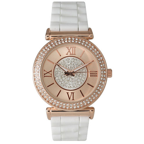 Olivia Pratt Womens Rhinestone Bezel Goldtone And Rhinestone Dial White Silicone Watch 40034White